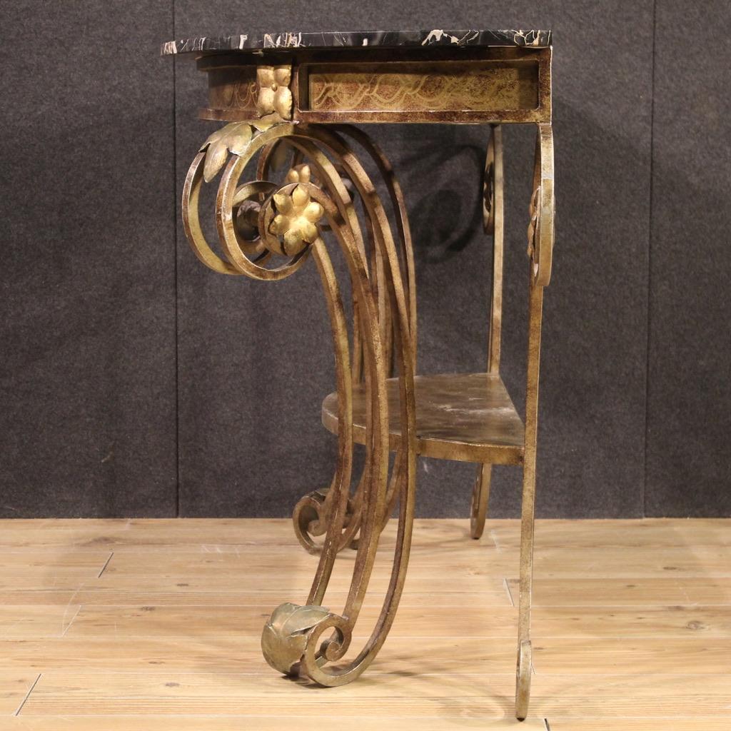 Late 20th Century 20th Century Wrought Iron with Marble Top Italian Art Deco Style Console Table en vente