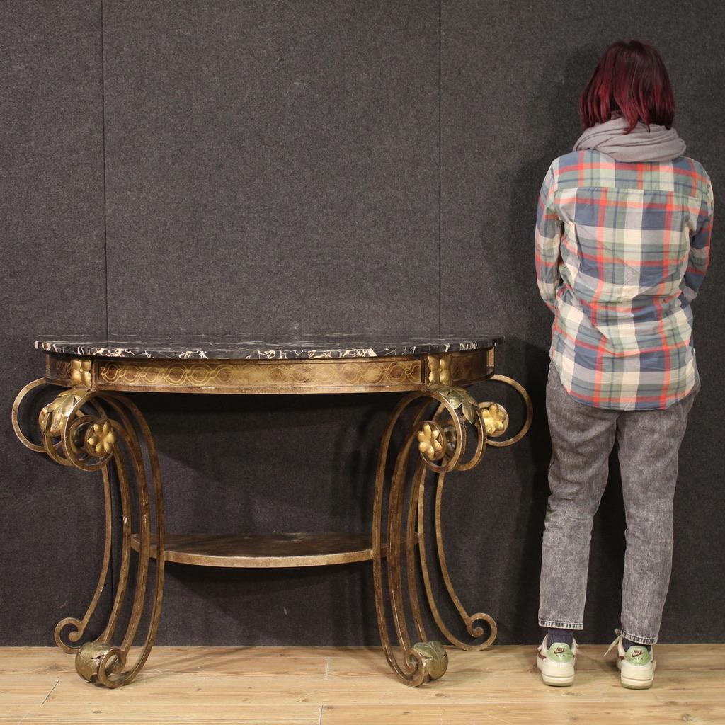 Fer 20th Century Wrought Iron with Marble Top Italian Art Deco Style Console Table en vente