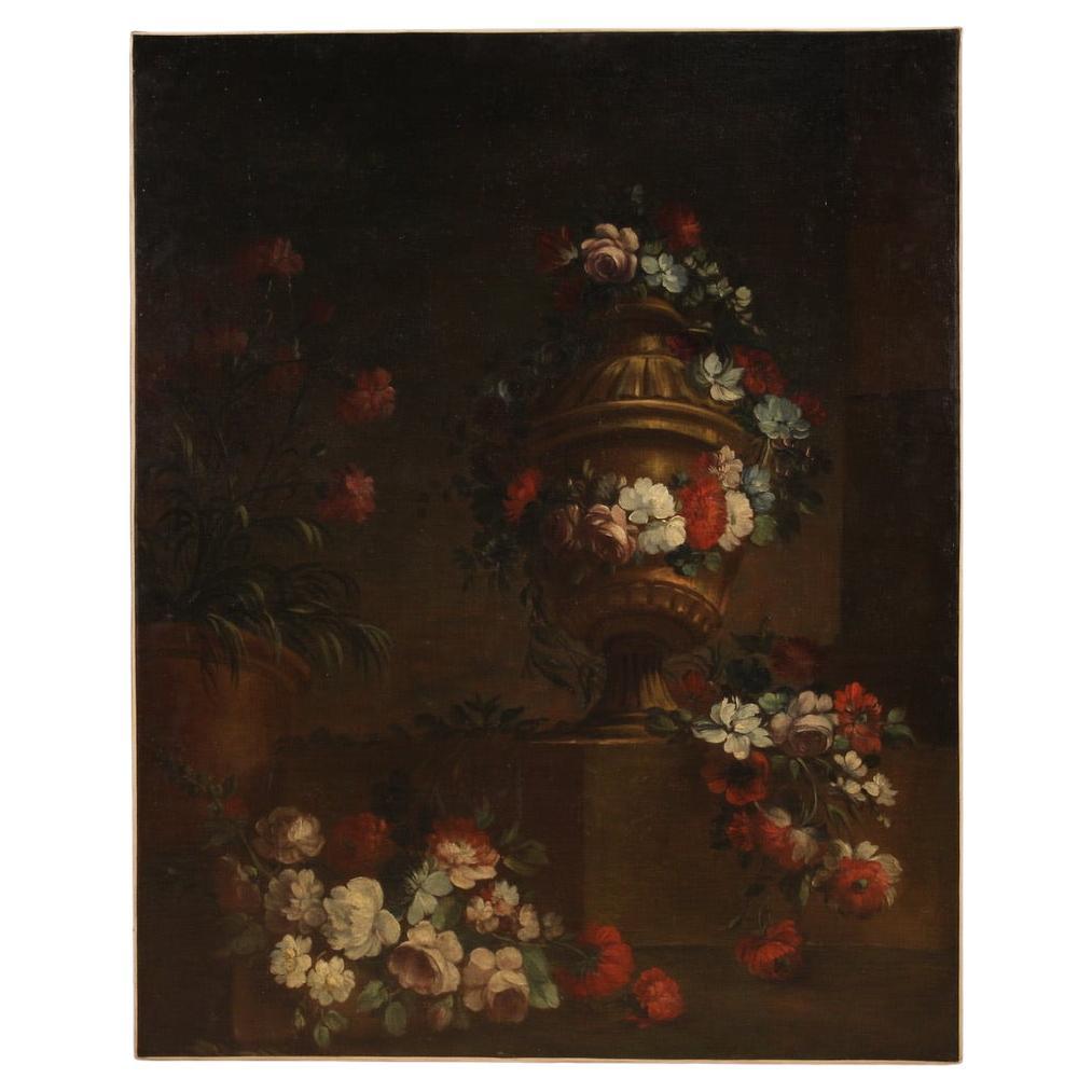18th Century Oil on Canvas Italian Antique Still Life Painting Vase with Flowers