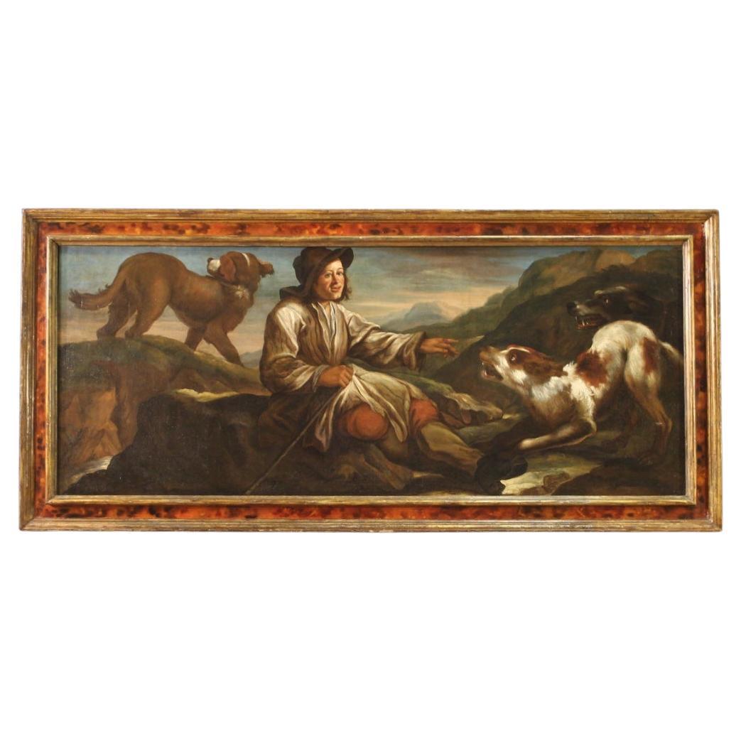 17th Century Oil on Canvas Antique Italian Painting Shepherd with his Dogs