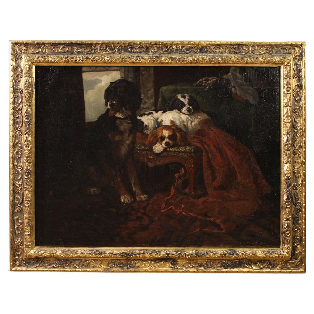19th Century Oil on Canvas French Painting Interior With Pet Dogs, 1840