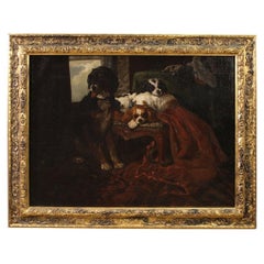 19th Century Oil on Canvas French Painting Interior With Pet Dogs, 1840