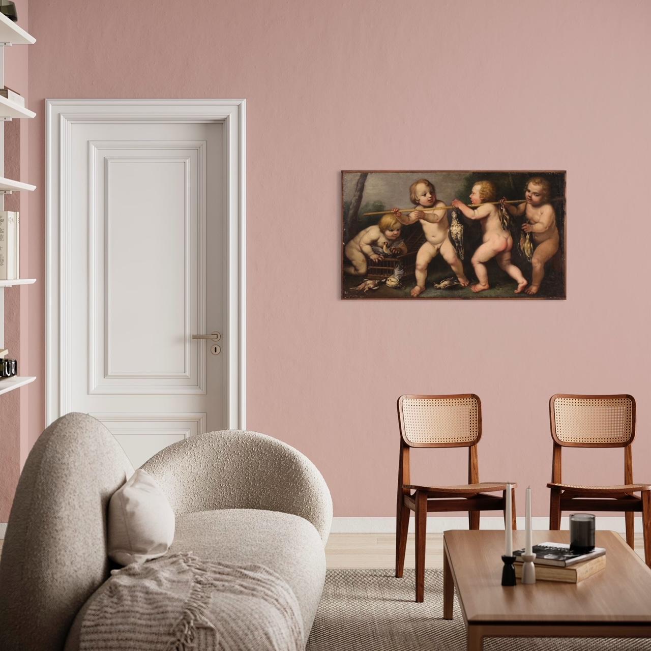 Antique painting from the second half of the 17th century. Oil on canvas artwork depicting an allegorical subject from the Rudolphine school, a game of cherubs with wild game, of excellent pictorial quality. The Rudolphine school, also known as the