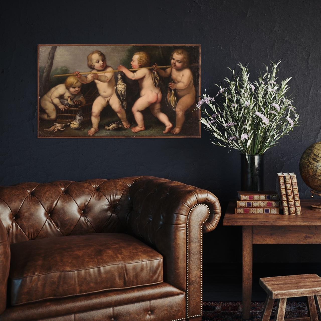 17th century OIl on Canvas Rudolphine School Painting, Cherub Games (Geölt) im Angebot