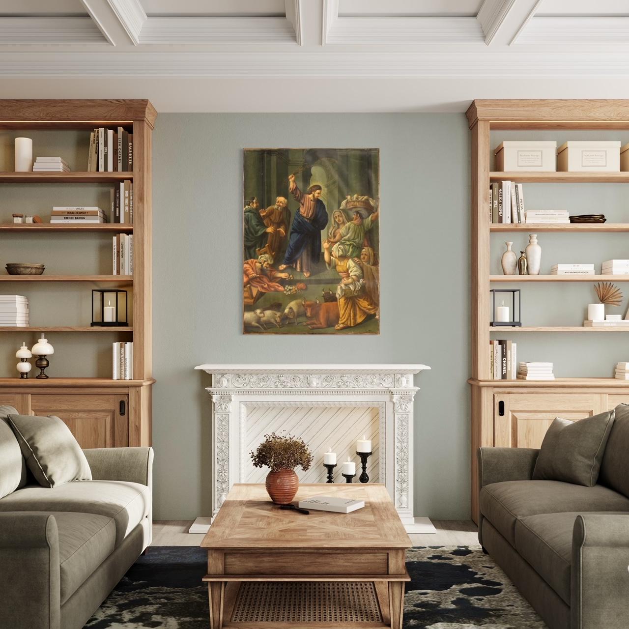 Ancient Italian painting from the late 19th century. Framework oil on copper depicting a religious subject Expulsion of merchants from the temple with good pictorial quality. Painting of great measure and impact, full of characters and decorative