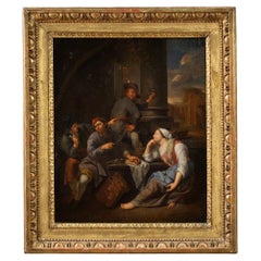 18th Century Oil on Canvas Flemish Antique Painting Genre Scene, 1770