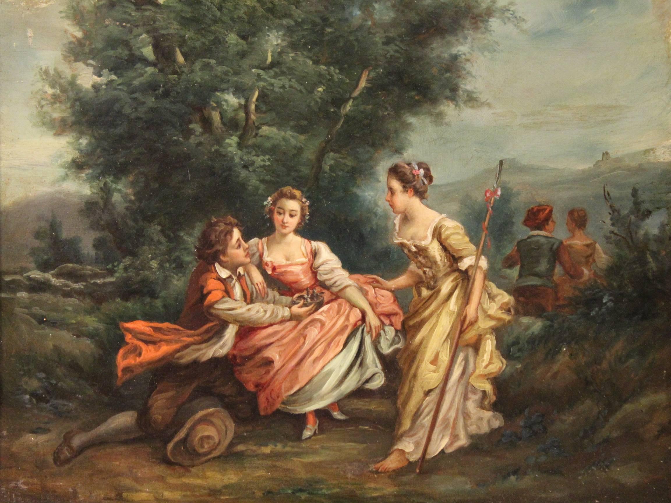 Graceful French painting of the second half of the 19th century. Work of art oil on canvas depicting the pretty landscape with gallant scene, of good hand. Frame of the 20th century made by carved wood, with some signs of the time. Romantic-style