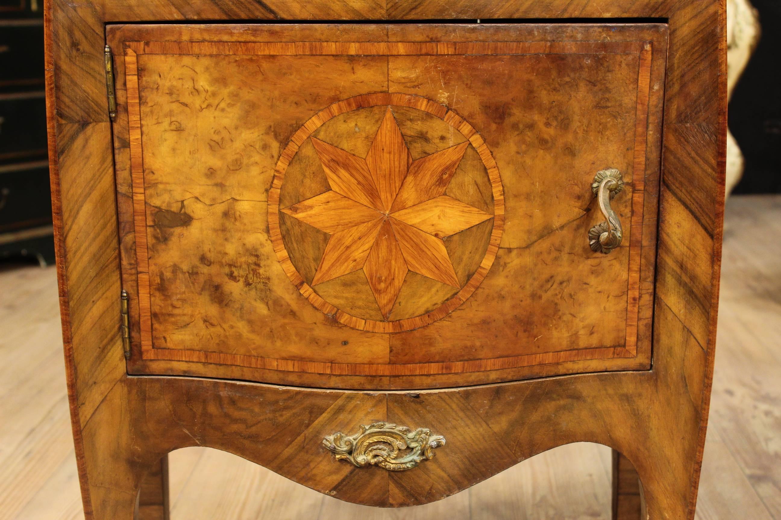 Bronze 19th Century Inlaid Bedside Tables with Marble Top