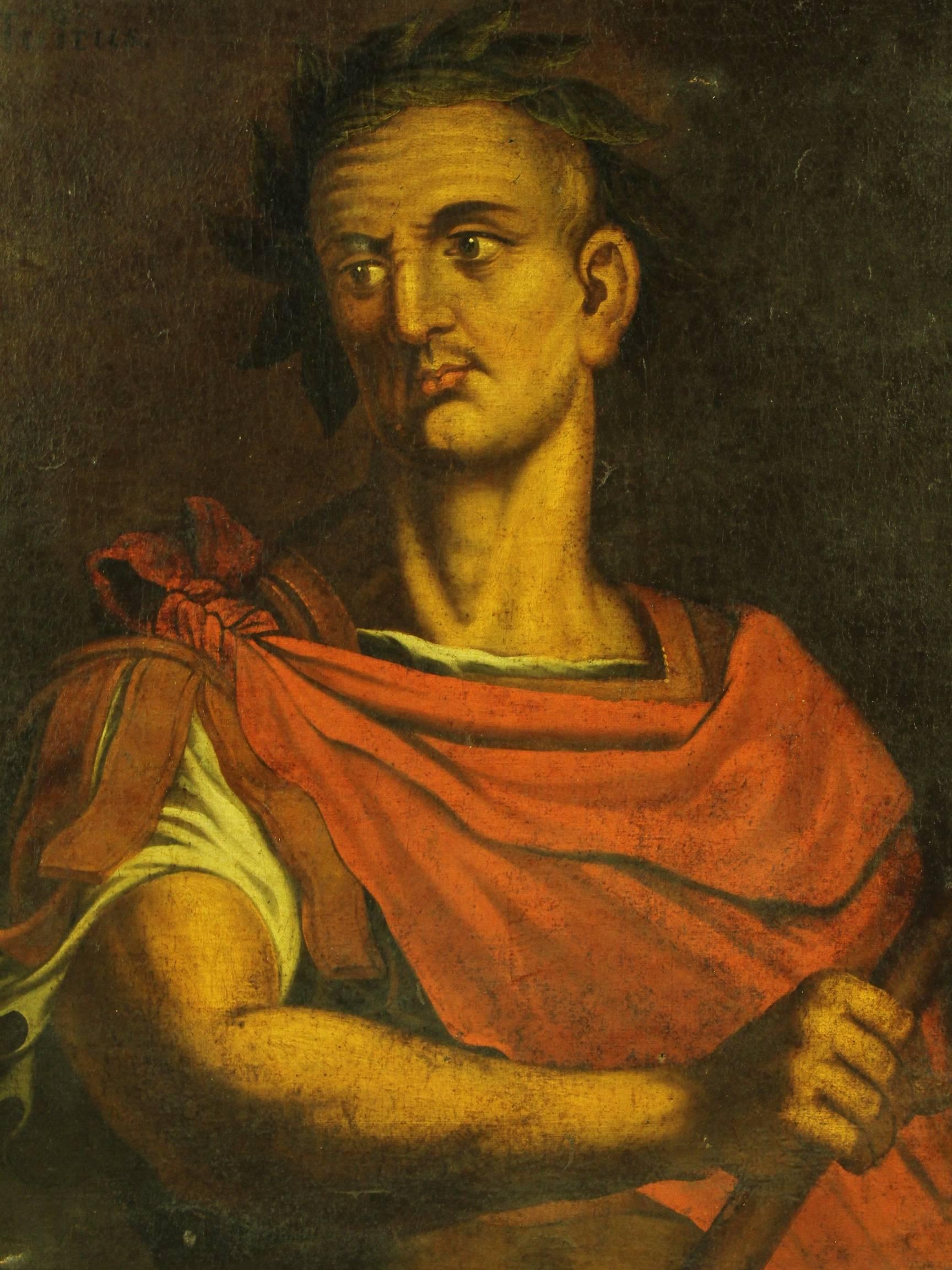 Ancient Italian painting of the 18th century. Work oil on canvas depicting the portrait of Julius Caesar. Contemporary frame made by carved and gilded wood with different signs of aging. Painting of great intensity and character. It shows several