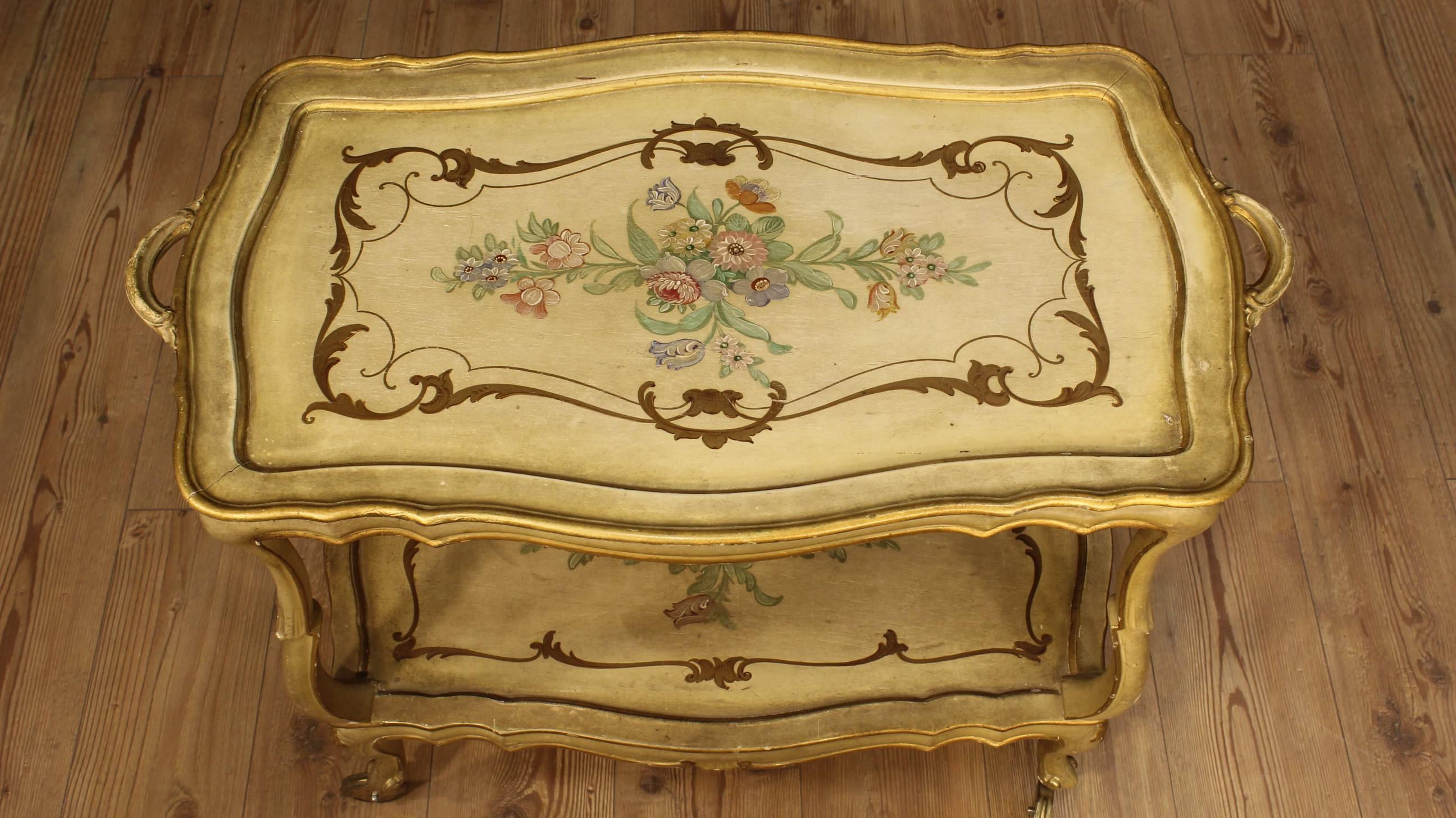 Gilt 20th Century Lacquered Coffee Table with Two Shelves and Wheels