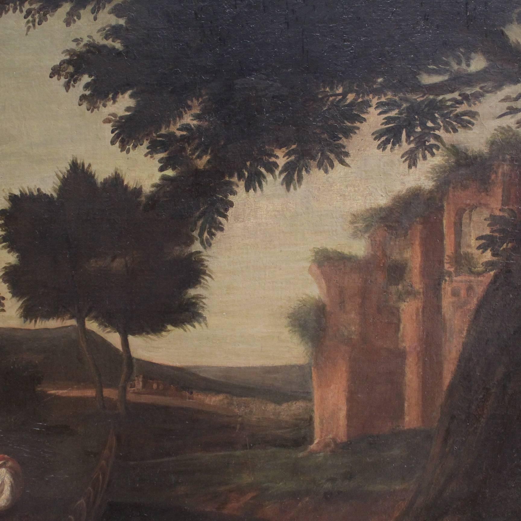 18th Century Landscape With Ruins Painting Oil on Canvas 5