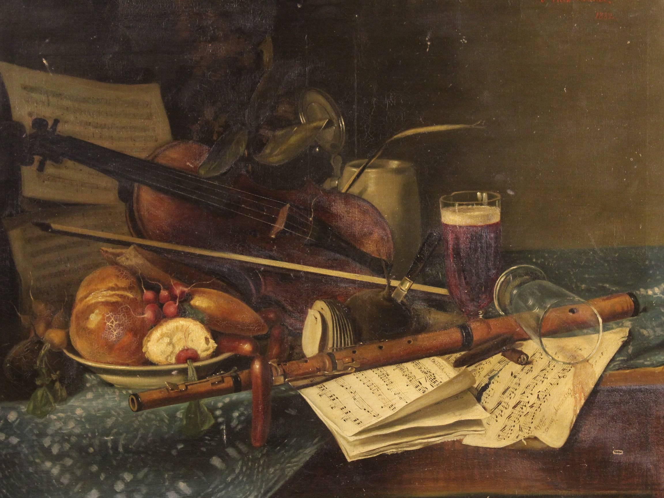 Ancient Austrian painting, dated 1882. Work oil on canvas depicting pleasant still life with musical instruments of good pictorial hand and pleasant decor. Painting of great extent and impact with carved and gilded wooden frame of the 20th century.