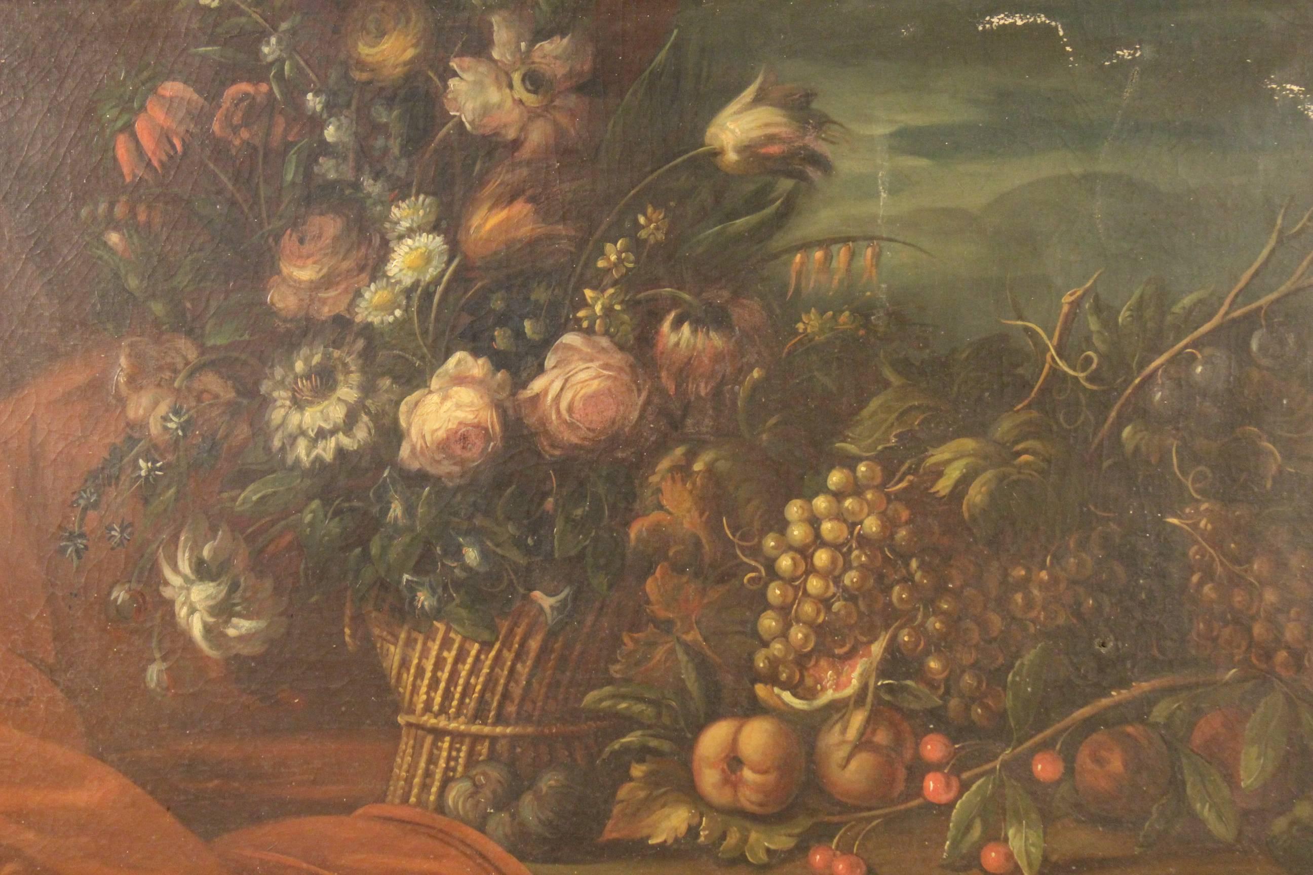 Ancient French painting of the late 19th century.
Work oil on canvas depicting pleasant still life with flowers and fruit of great size and impact. Painting of good painting hand and fabulous decor with wooden carved, gilded and painted frame with
