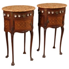 Pair of 20th Century Inlaid Wood Marble Top Oval French Night Stands, 1930