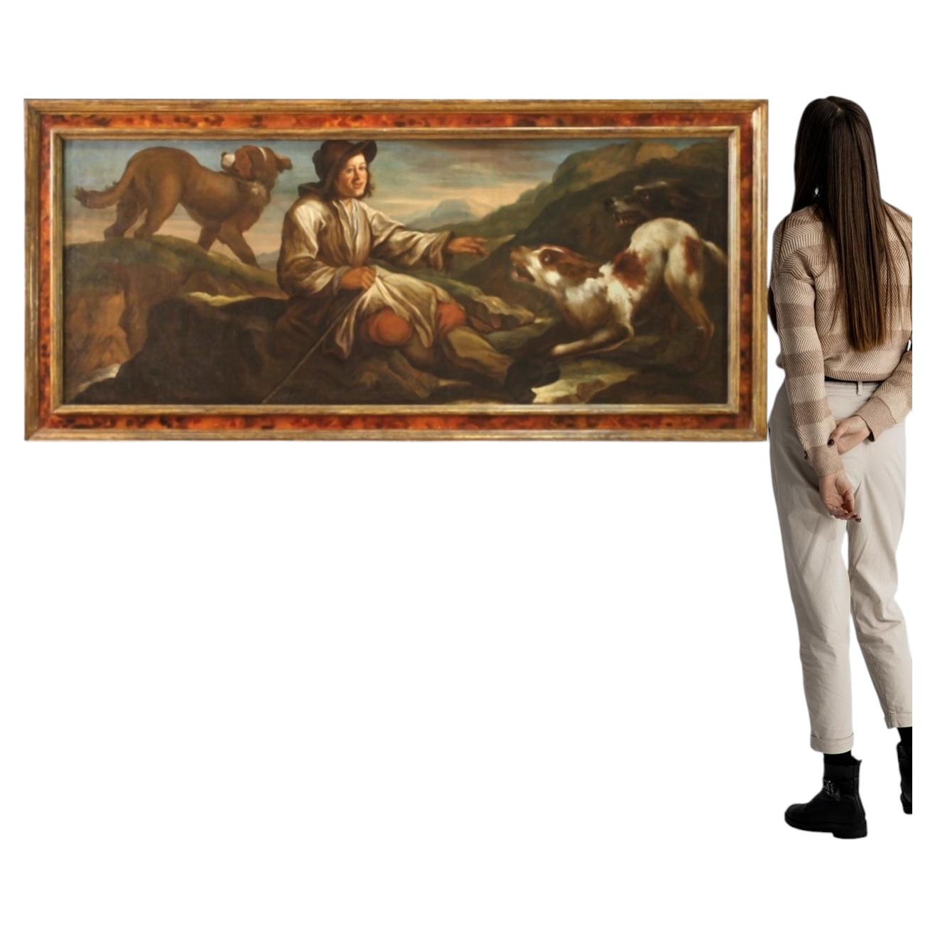 17th Century Oil on Canvas Antique Italian Painting Shepherd with his Dogs