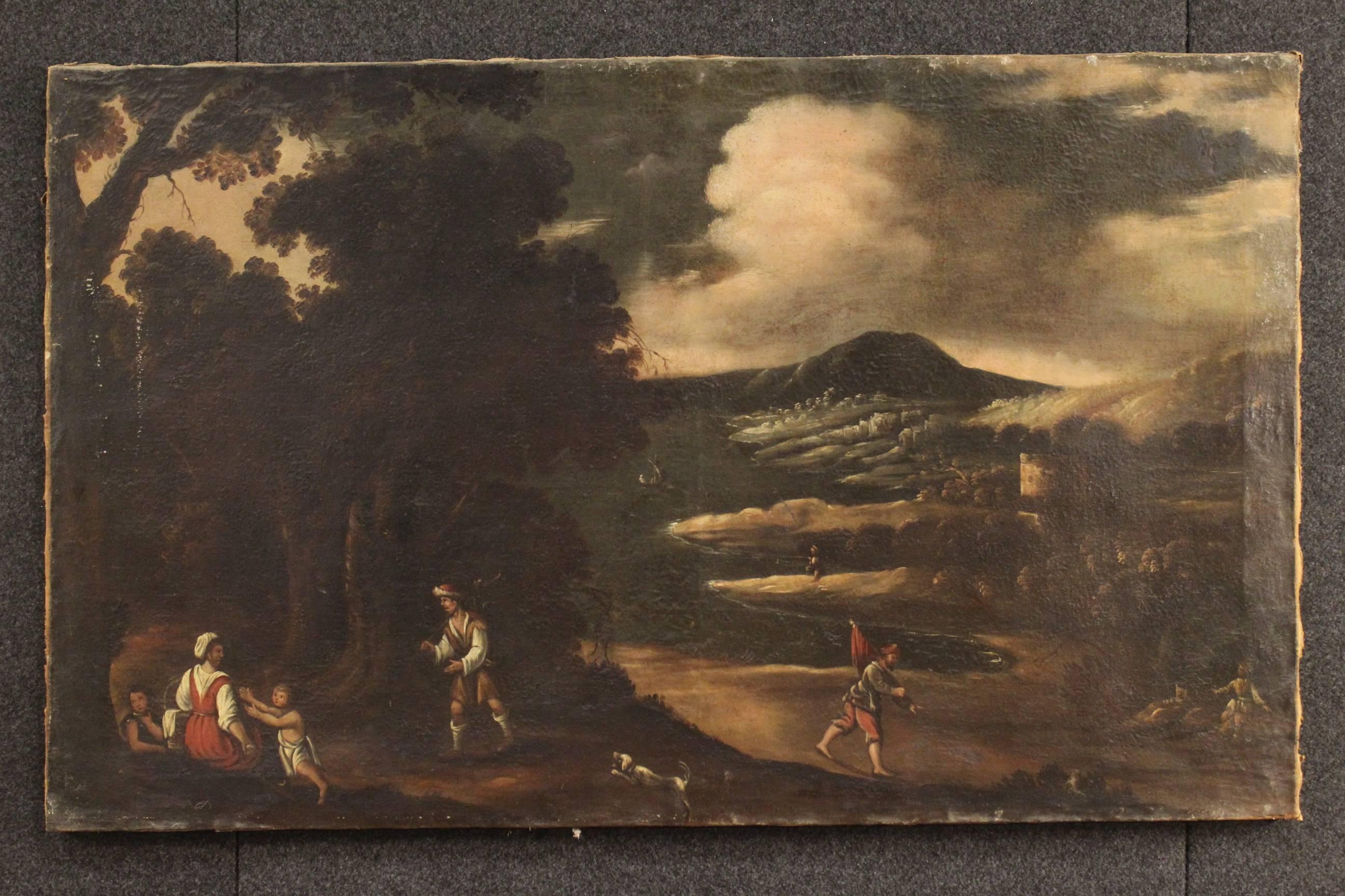 Ancient pair of Spanish paintings of the late 18th century. Works oil on canvas, in the first canvas, depicting pleasant landscapes with popular taste characters. Paintings of good pictorial hand and beautiful fit missing frames for lovers, antique