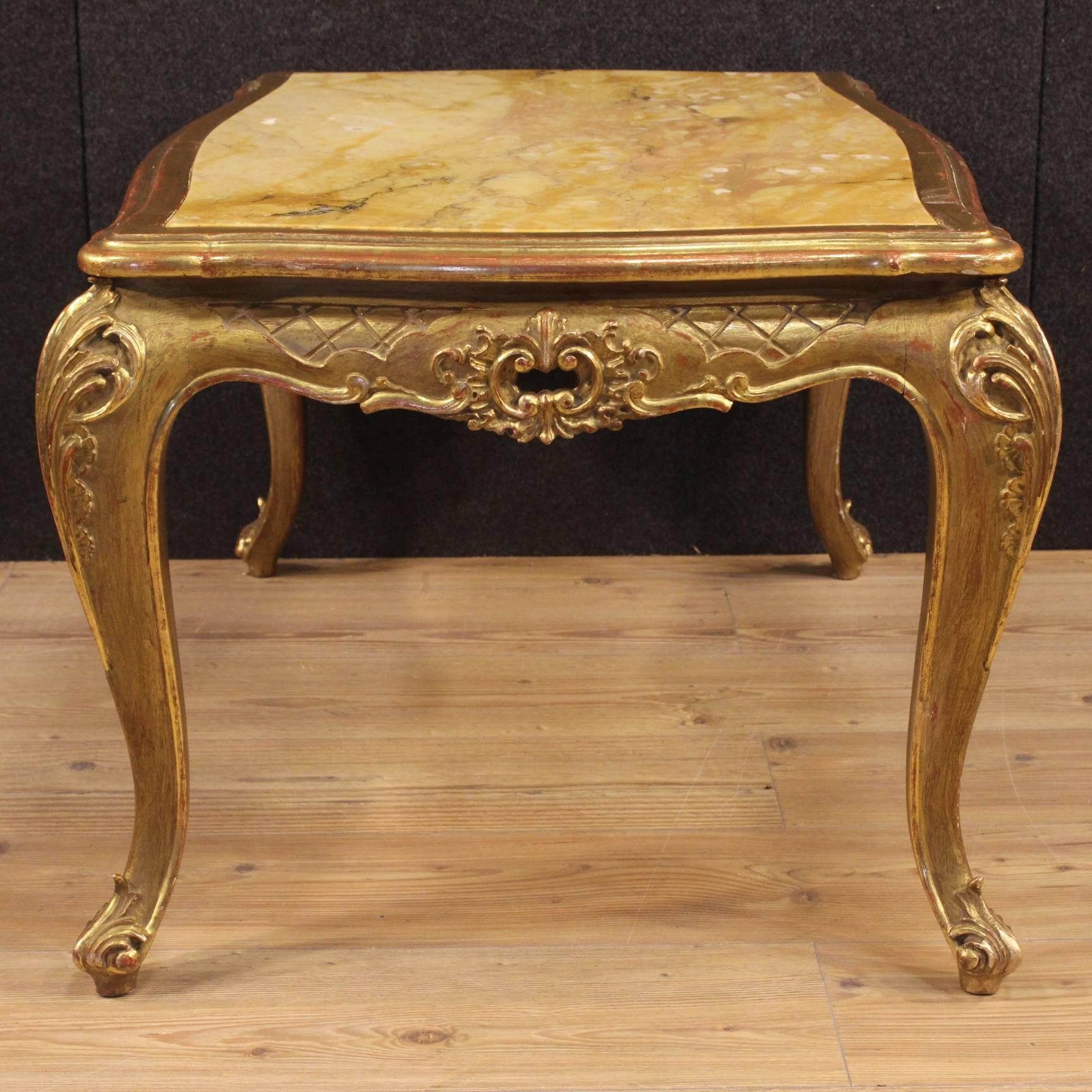 Gilt 20th Century Italian Golden Coffee Table with Marble Top