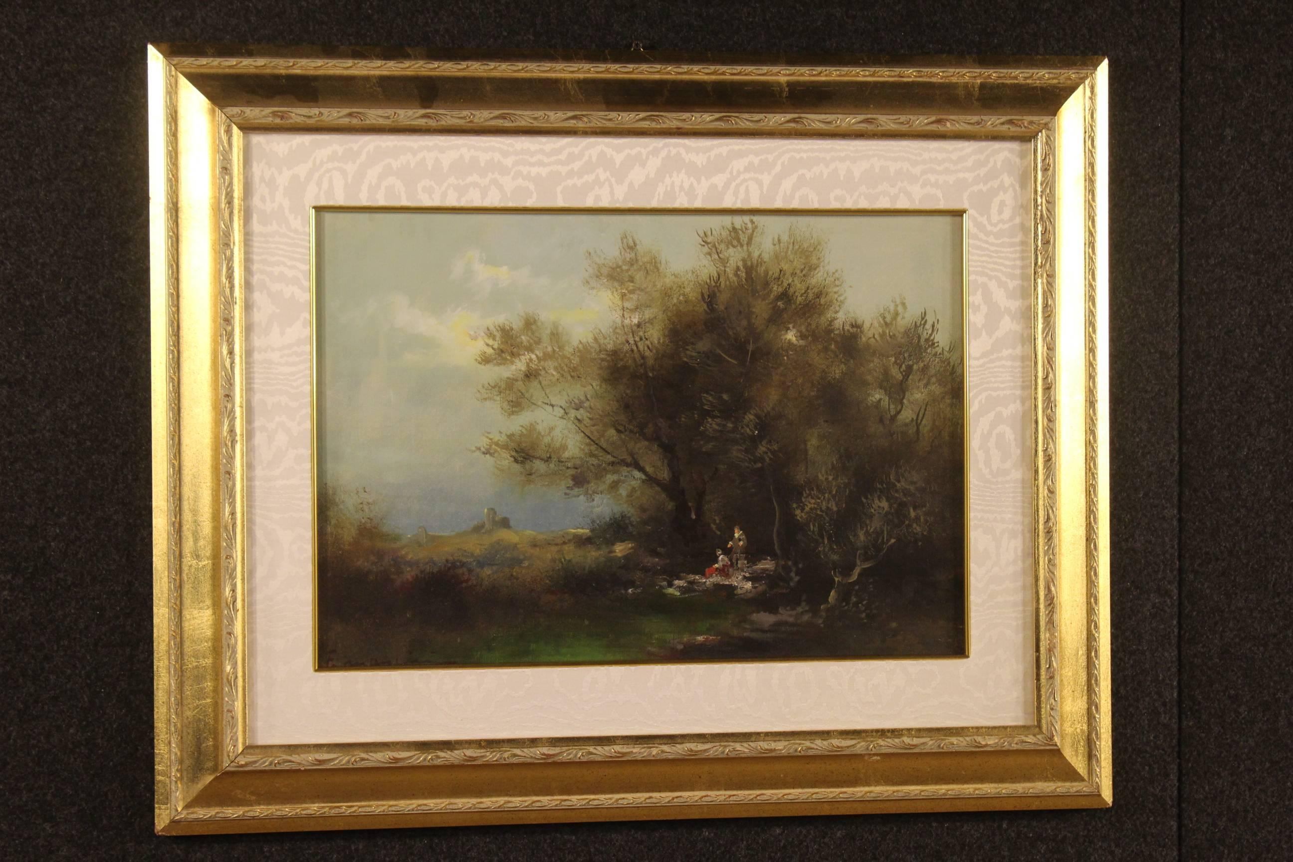 Beautiful pair of Italian paintings of the 20th century. Works oil on canvas glued on cardboard depicting beautiful landscapes of good brightness and hand painting. Paintings of beautiful fit and pleasant decor both signed lower left. Wooden carved
