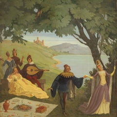Peinture du XXe siècle à l'huile sur Masonite représentant un paysage italien avec des personnages, 1945