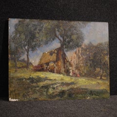 Italian painting, 1940, landscape with figures, oil on panel, signed