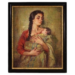 20e siècle Huile sur toile Peinture espagnole signée Maternité, 1950