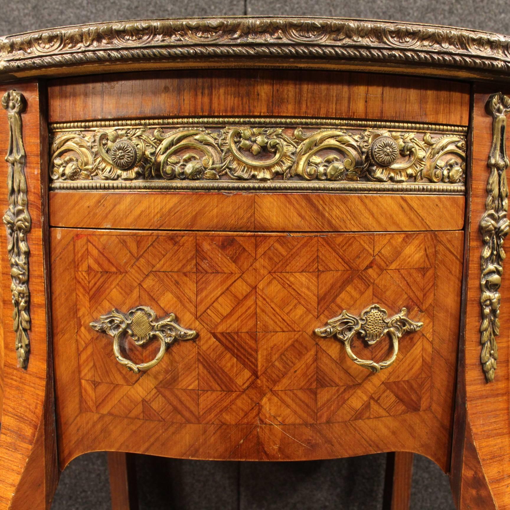 Gilt 20th Century French Inlaid Nightstand in Rosewood With Marble Top