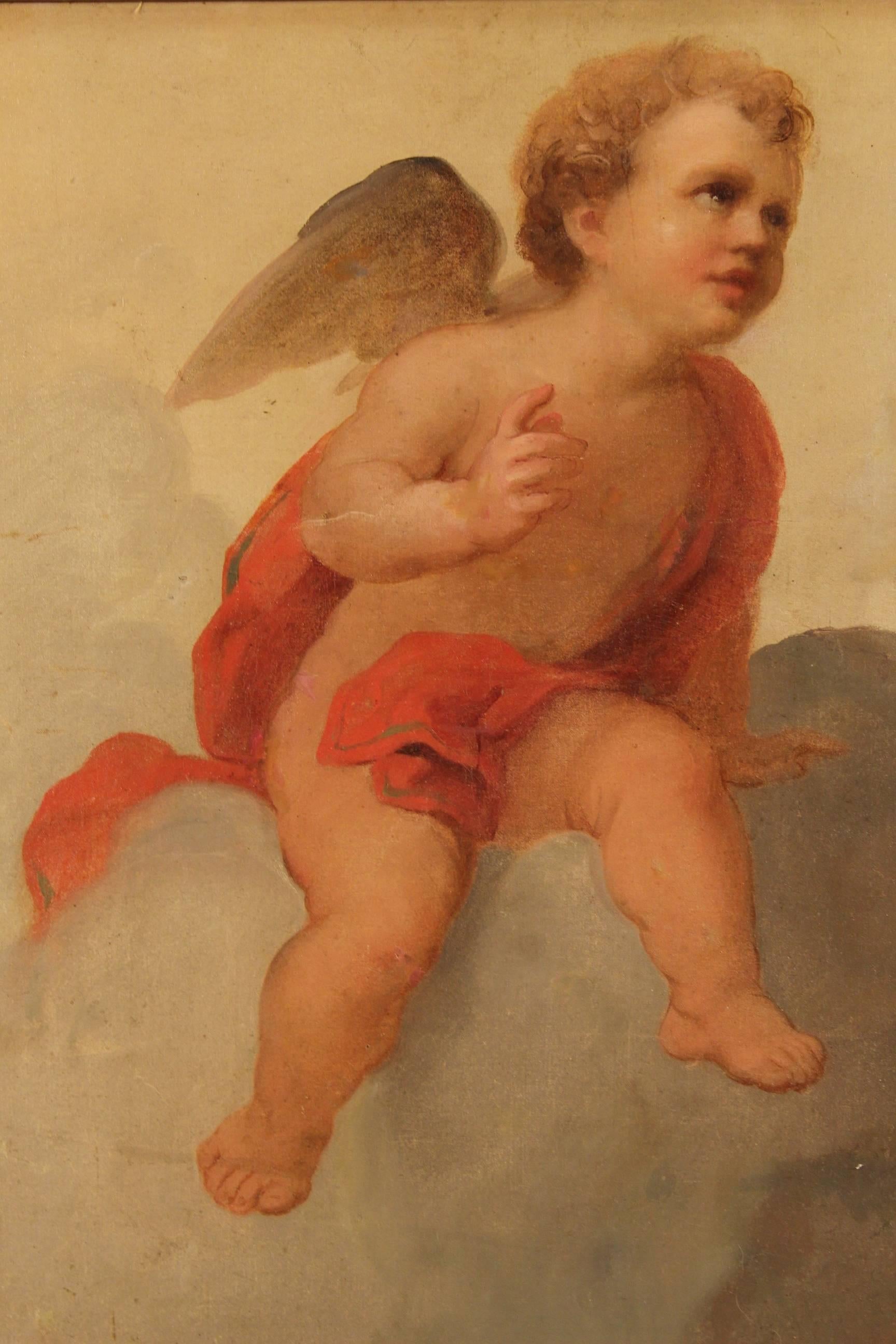 Gilt 20th Century Italian Painting Depicting Pair of Little Angels