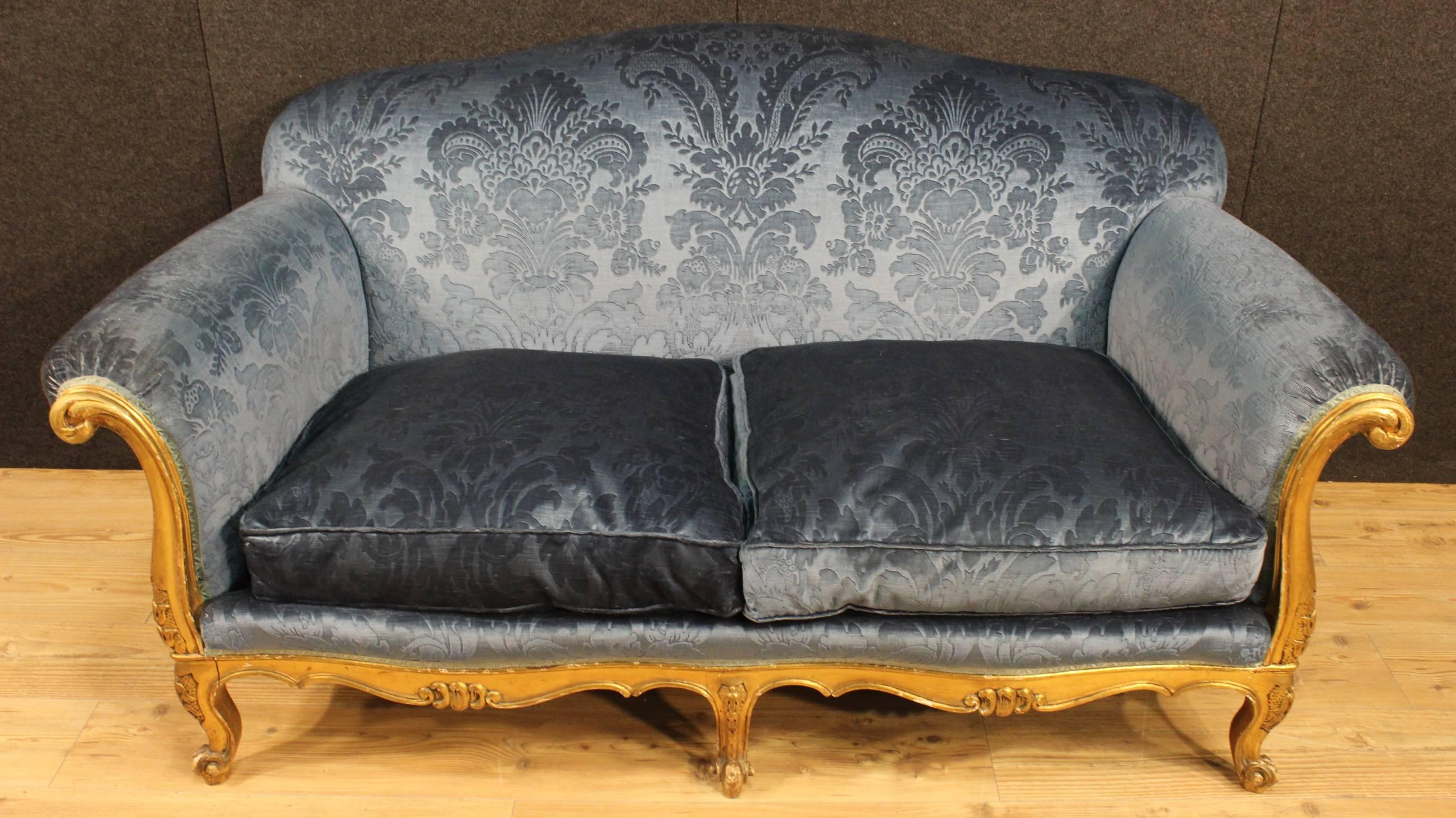 Gilt French Sofa in Blue Velvet