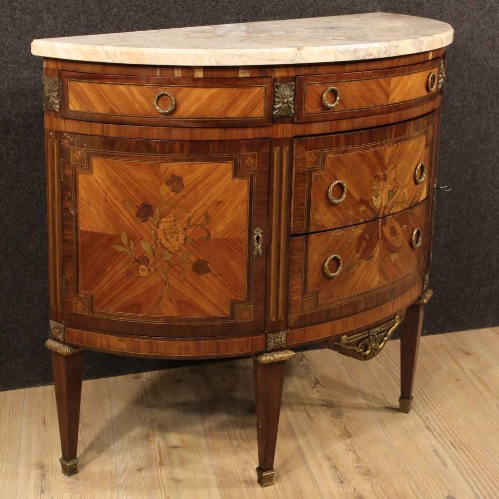Boxwood Early 20th Century French Inlaid Demi Lune Dresser