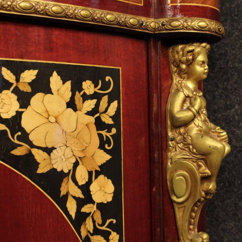 Bronze 20th Century French Inlaid Corner Cupboard with Marble Top