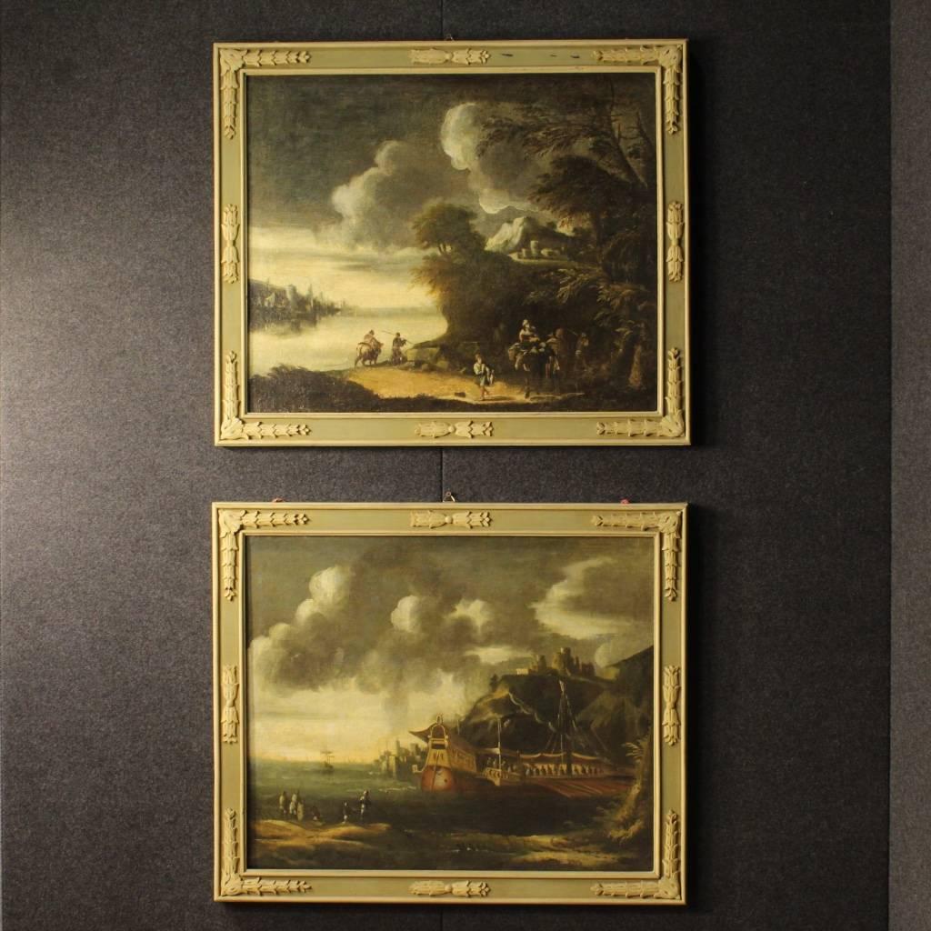 Antique Italian painting of the second half of the 18th century. Work oil on canvas depicting landscape with figures, of good painting hand and pleasing decor. Painting of beautiful measure with frame in carved and painted wood, not coeval, of the