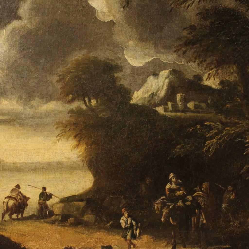 Lacquered 18th Century Italian Painting Landscape With Characters Oil On Canvas