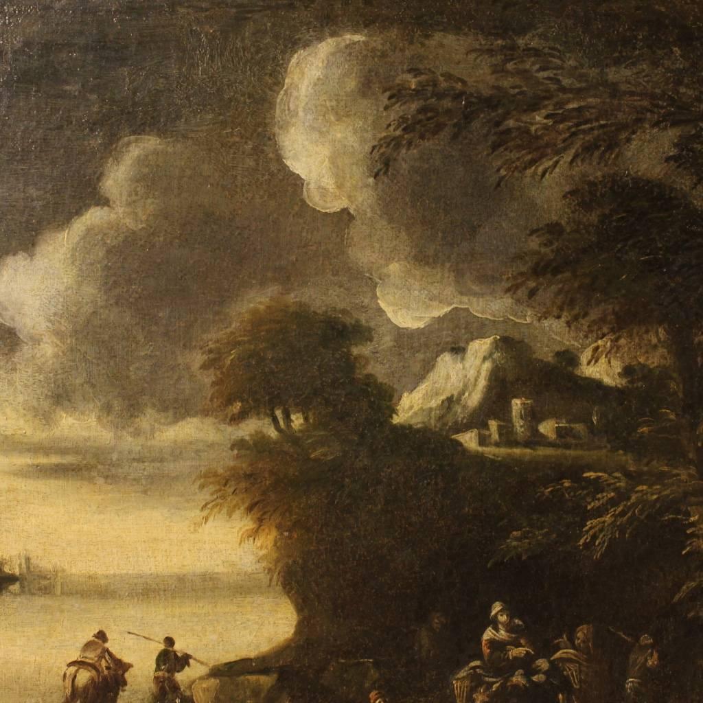 18th Century Italian Painting Landscape With Characters Oil On Canvas In Good Condition In Vicoforte, Piedmont