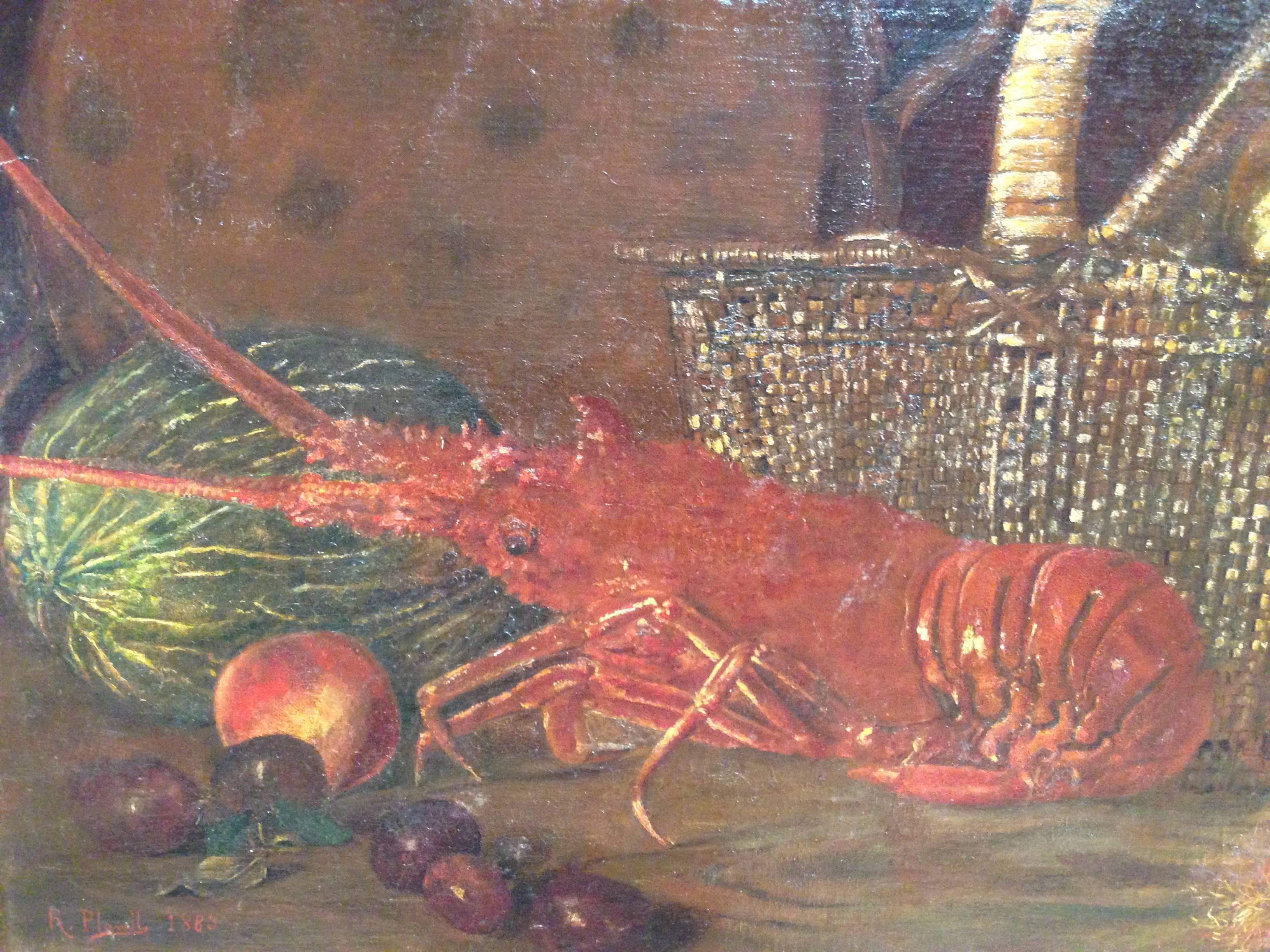 Bois Peinture espagnole « Still Life with Lobster » signée et datée de 1883