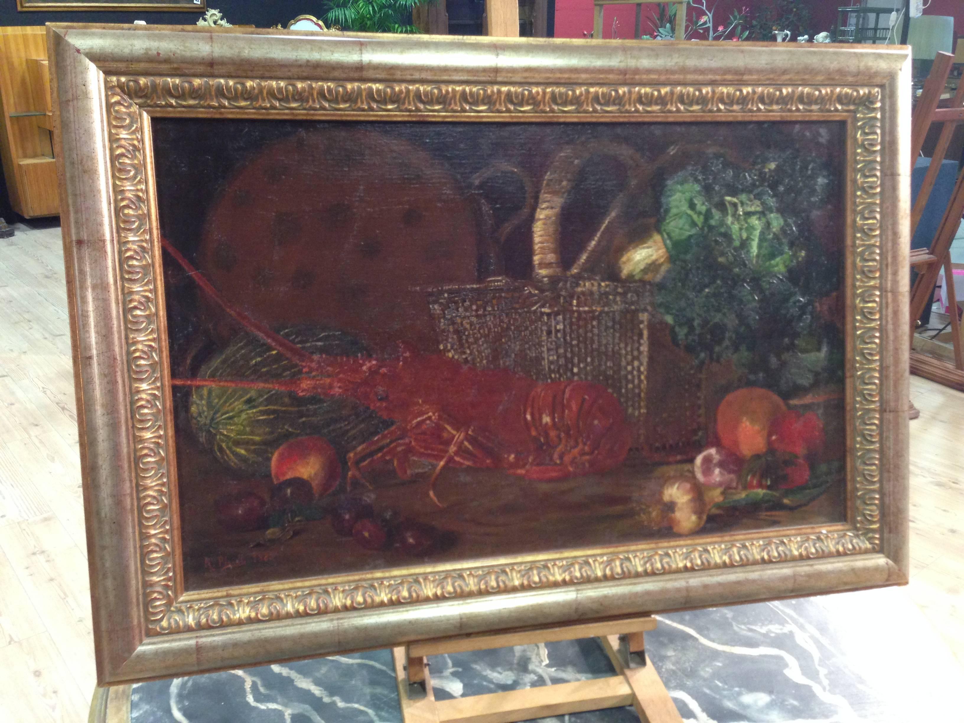 Peinture espagnole « Still Life with Lobster » signée et datée de 1883 1