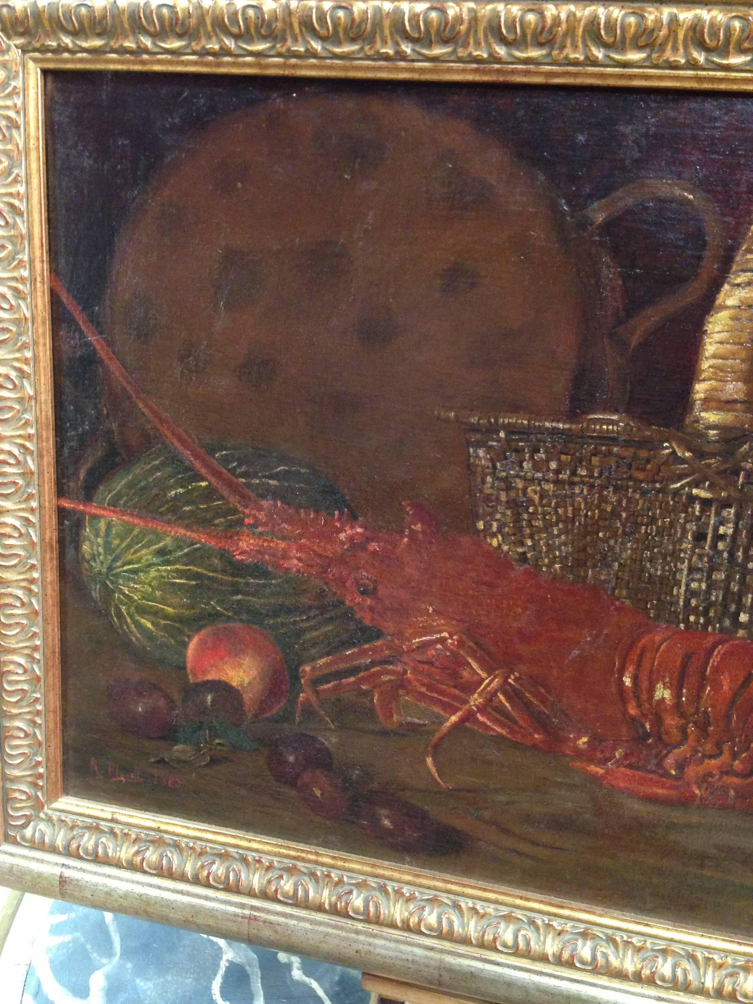 Peinture espagnole « Still Life with Lobster » signée et datée de 1883 2