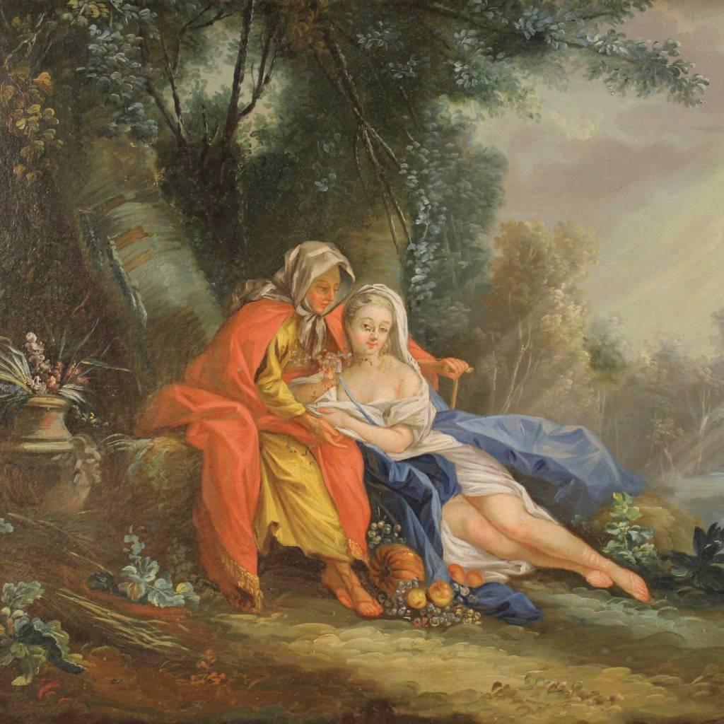 Ancient French painting of the late 18th century. Work oil on canvas depicting bright landscape with figures "Romantic scene", of great taste and good painter's hand. Carved and gilded wooden frame not coeval (20th century), which has some