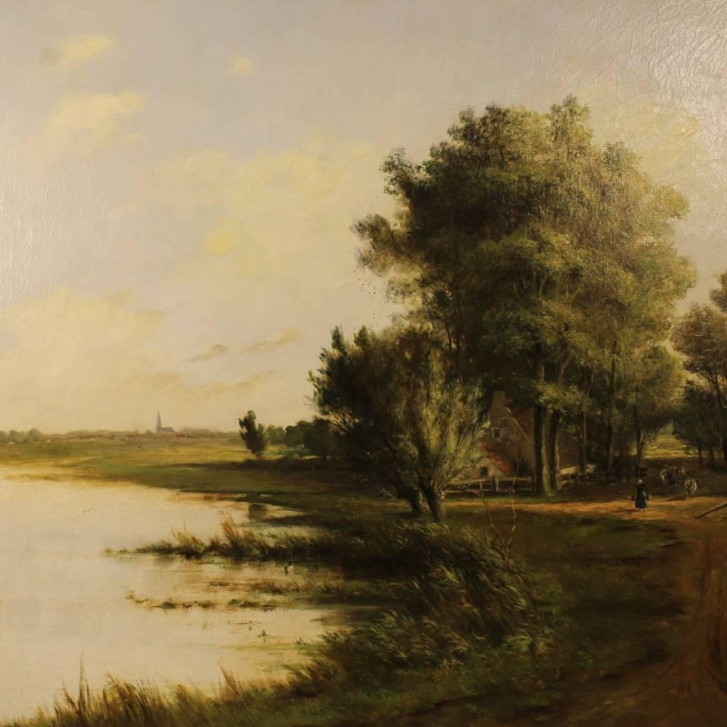 Great Flemish painting of the second half of the 19th century. Work oil on canvas depicting bright Nordic landscape finely painted. First canvas painting of large measure and impact, signed lower right. Work of art for lovers, antique dealers and