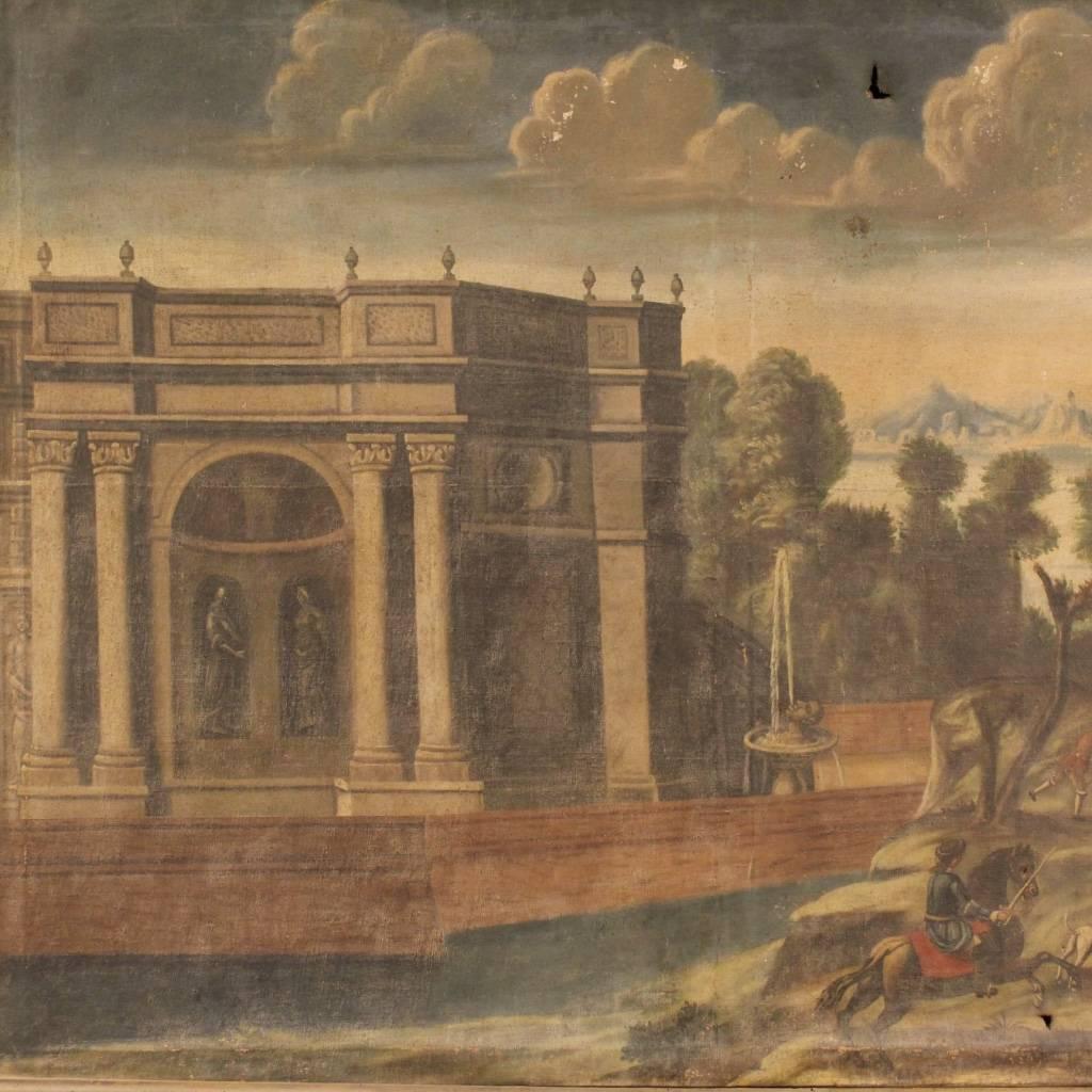 Antique Italian painting of the mid-18th century. Work of Turin school oil on canvas in the first canvas, depicting great landscape with architecture and hunting scene with nobles, of great taste and good painter's hand. Painting with Coeval carved