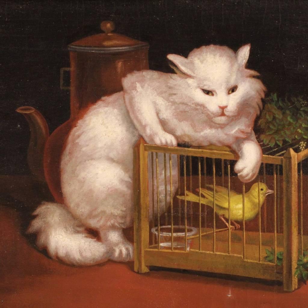 Great decorative painting, Netherlands, early 20th century. Work oil on canvas depicting particular still life with cat and bird. Modern gilded wooden frame. Painting of great measure and decoration, in good state of conservation. Sight size: H 70.5