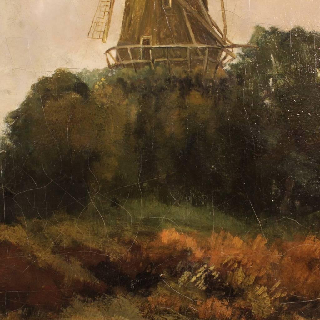 Plaster Dutch Landscape with Windmill Painting from 19th Century