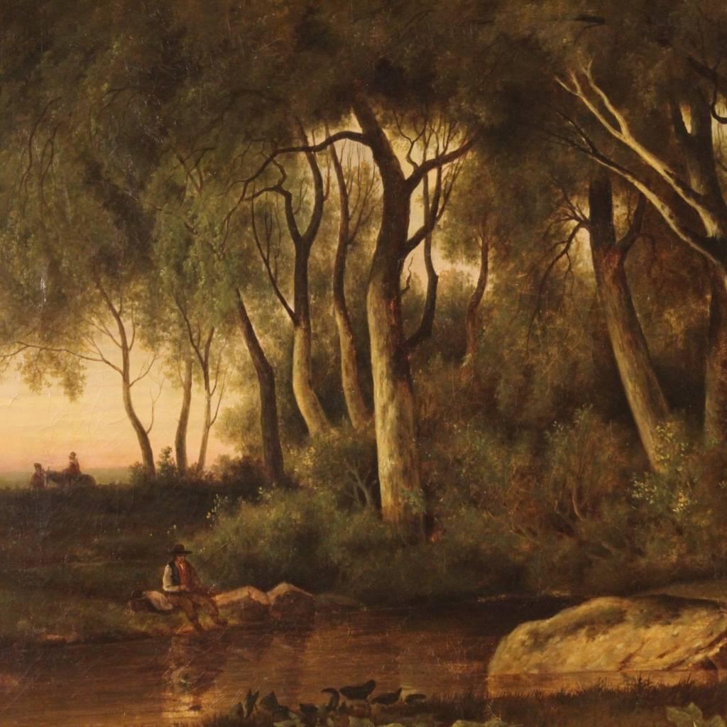 French painting of the second half of the 19th century. Work oil on canvas depicting wooded landscape with fisherman and characters, characterized by a particular use of light and shadow. Good hand-painted work signed on the bottom right. Coeval