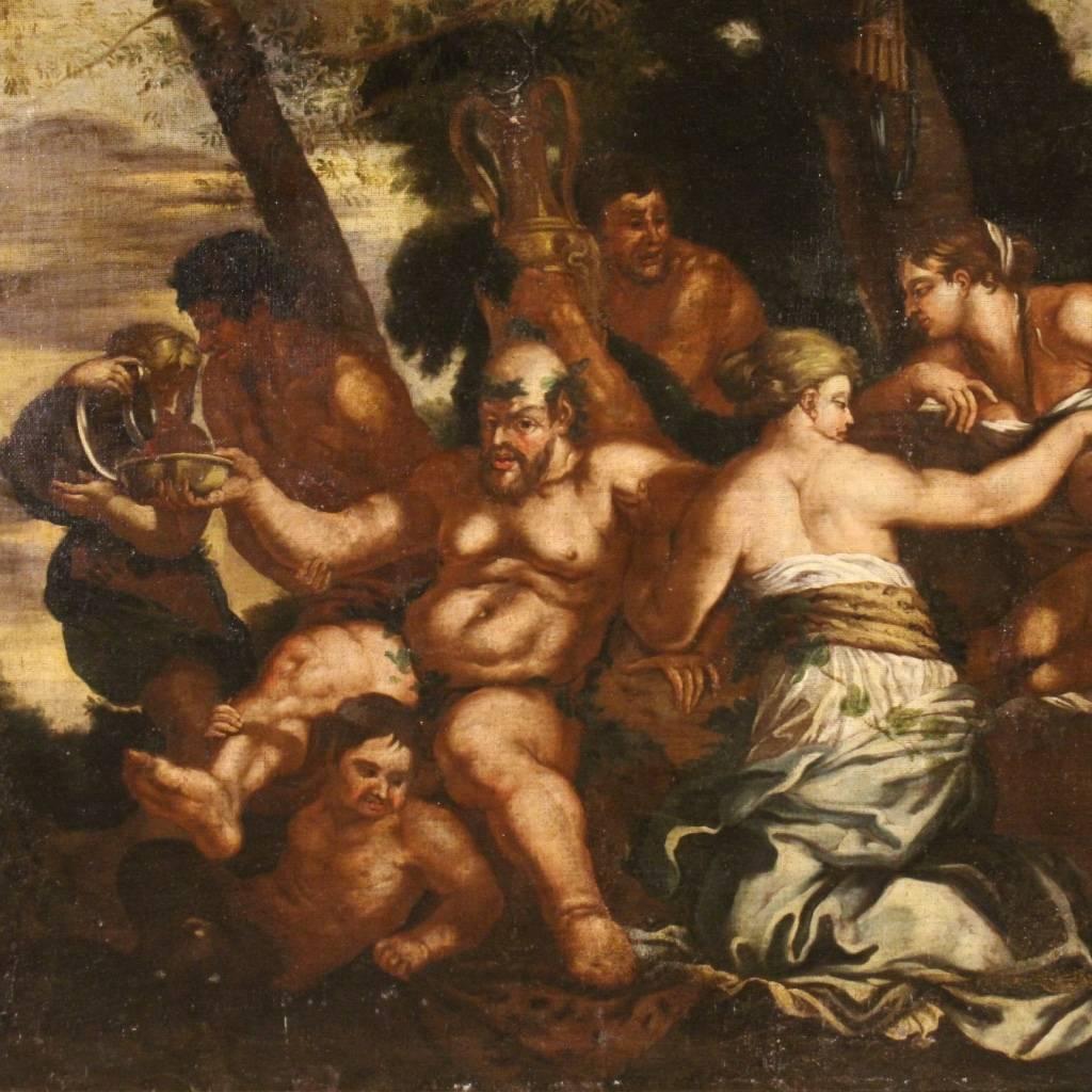 Antique Italian painting of the second half of the 18th century. Painting oil on canvas of great extent and impact depicting bacchanal. Work of art with mythological scenes by great intensity and dynamism, full of characters. Modern carved and