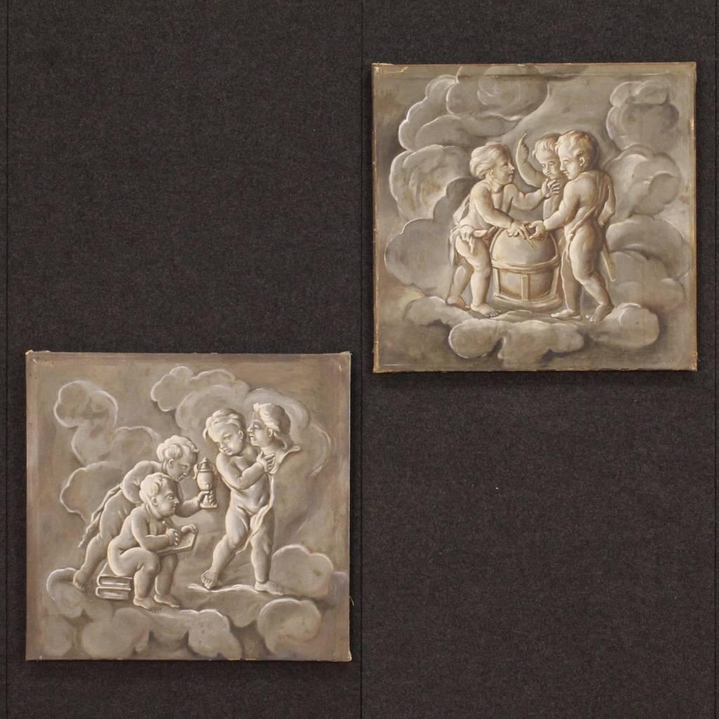 French Grisaille painting of the second half of the 19th century. Work oil on canvas depicting an allegory of sculpture with little angels, of good painter's hand. Framework of beautiful measure and quality, restored and backed again during the 20th