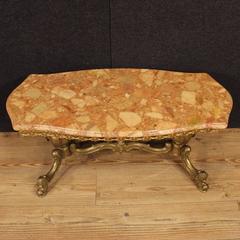 20th Century French Coffee Table in Golden Metal with Marble-Top