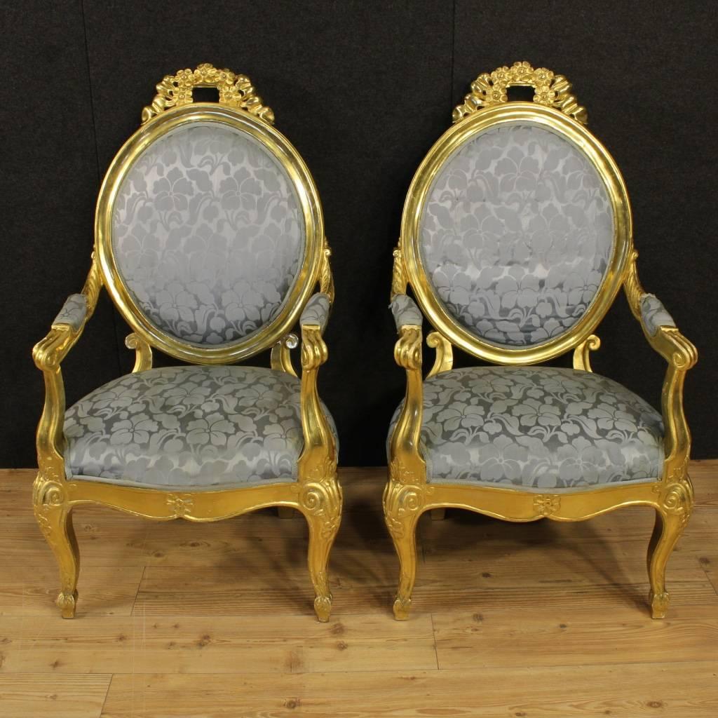 Gilt 20th Century Pair of Italian Golden Armchairs with Floral Fabric