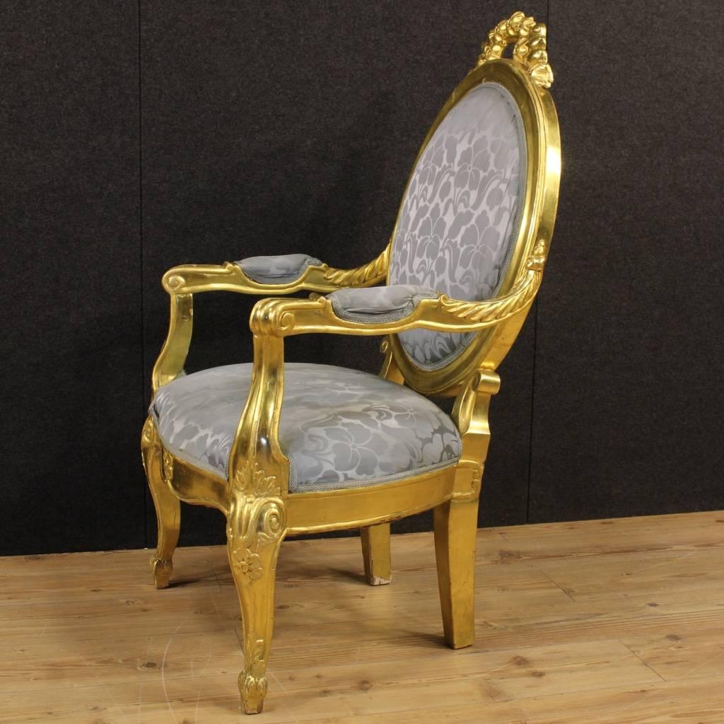 20th Century Pair of Italian Golden Armchairs with Floral Fabric 3