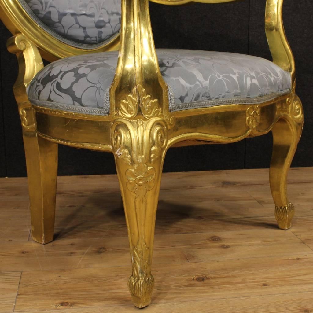20th Century Pair of Italian Golden Armchairs with Floral Fabric 4