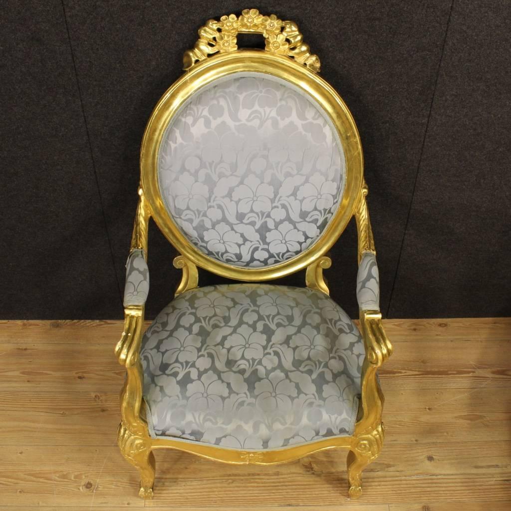 20th Century Pair of Italian Golden Armchairs with Floral Fabric 5