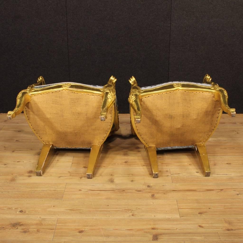20th Century Pair of Italian Golden Armchairs with Floral Fabric 6